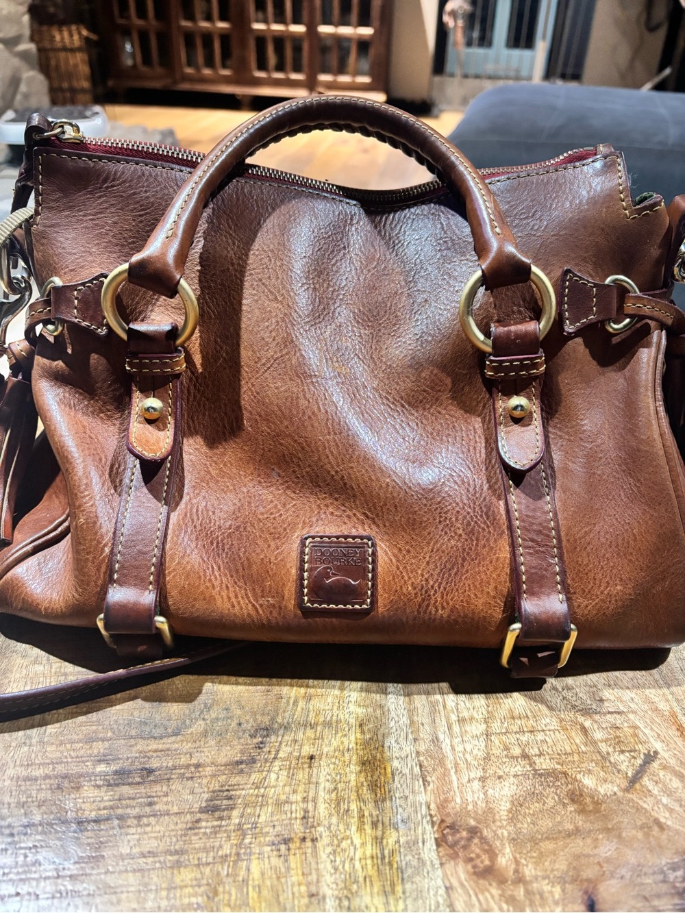 Dooney & Bourke Florentine Chestnut Brown Leather Satchel with Gold Hardware
